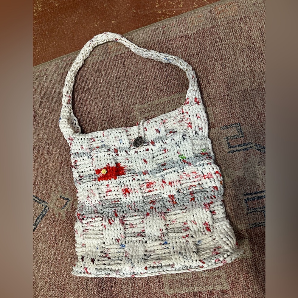 Handwoven ooak crochet tote bag purse made from plastic bags basket weave unique